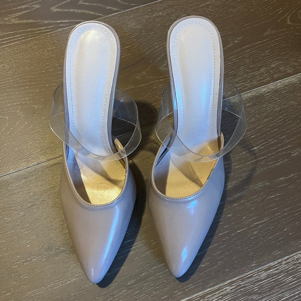 Clear strap pointed nude mules